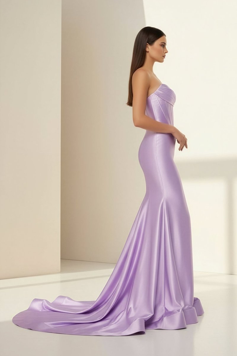 Alirae | Lavender - Strapless Mermaid Satin Pleated Long Formal Prom Dresses With Slit - KissProm