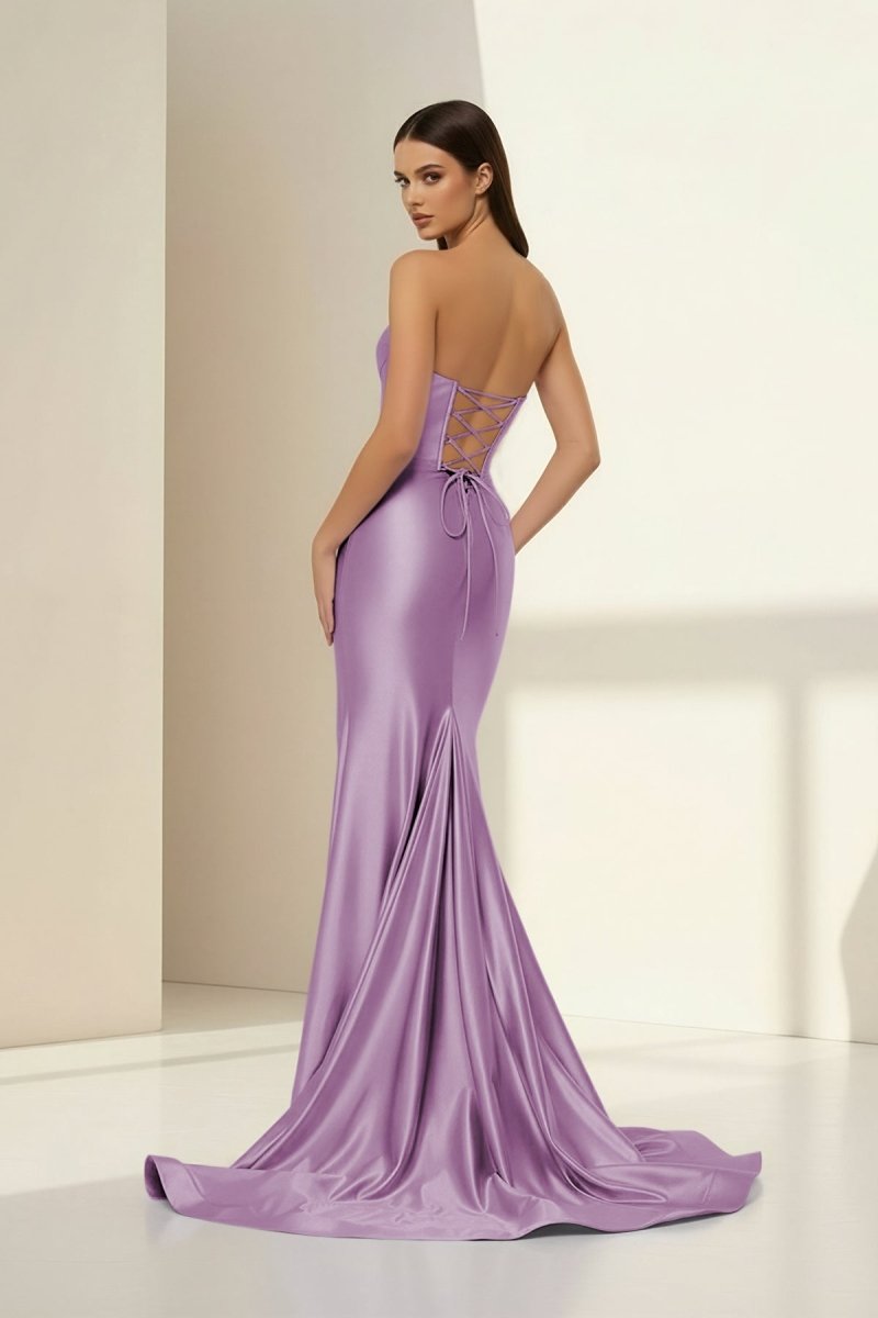 Alirae | Lavender - Strapless Mermaid Satin Pleated Long Formal Prom Dresses With Slit - KissProm
