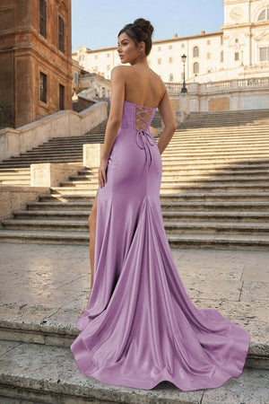 KissProm-Lilac Strapless Mermaid Satin Pleated Long Formal Prom Dresses With Slit
