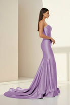 Alirae | Lavender - Strapless Mermaid Satin Pleated Long Formal Prom Dresses With Slit - KissProm