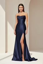 Alirae | Lavender - Strapless Mermaid Satin Pleated Long Formal Prom Dresses With Slit - KissProm