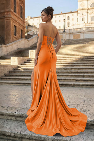 KissProm-Orange  Strapless Mermaid Satin Pleated Long Formal Prom Dresses With Slit