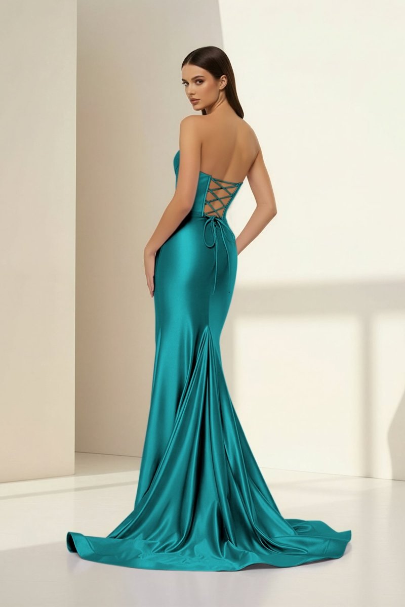 Alirae | Lavender - Strapless Mermaid Satin Pleated Long Formal Prom Dresses With Slit - KissProm