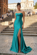 Aqua Strapless Mermaid Satin Pleated Long Formal Prom Dresses With Slit – Prom Dress by KissProm | Available at KissProm
