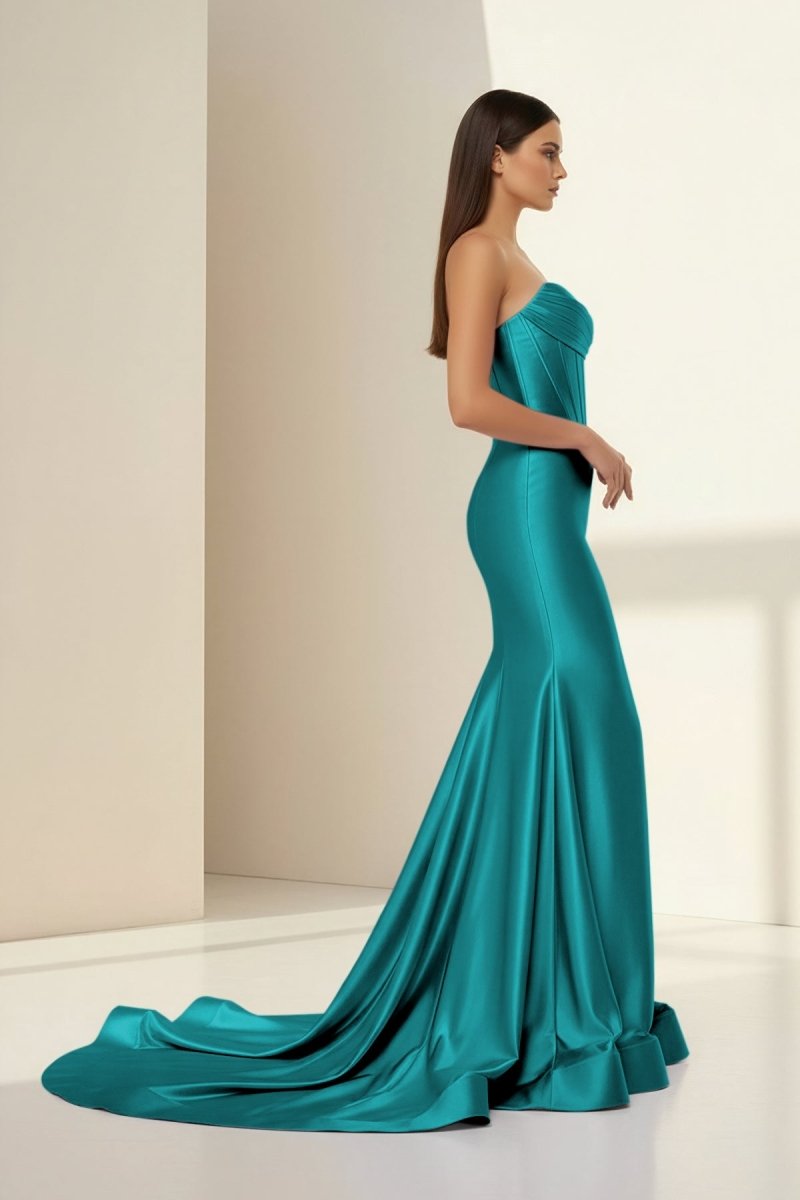 Alirae | Lavender - Strapless Mermaid Satin Pleated Long Formal Prom Dresses With Slit - KissProm