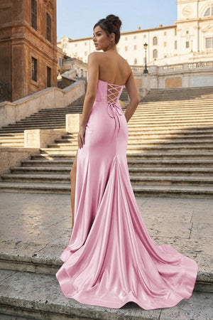 KissProm-Pink Strapless Mermaid Satin Pleated Long Formal Prom Dresses With Slit