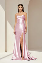 Alirae | Lavender - Strapless Mermaid Satin Pleated Long Formal Prom Dresses With Slit - KissProm