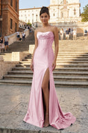 Aqua Strapless Mermaid Satin Pleated Long Formal Prom Dresses With Slit – Prom Dress by KissProm | Available at KissProm