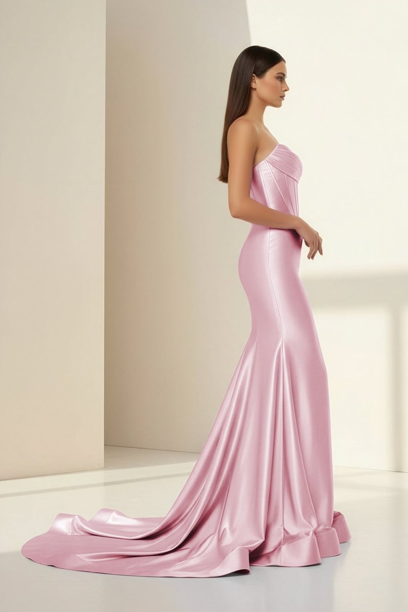Alirae | Lavender - Strapless Mermaid Satin Pleated Long Formal Prom Dresses With Slit - KissProm