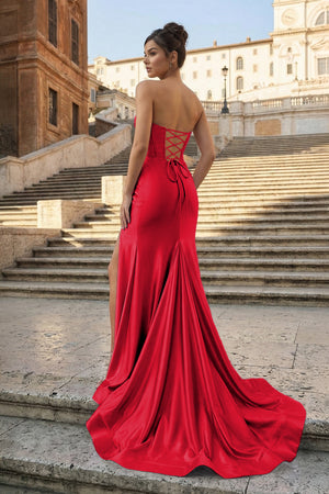 KissProm-Red Strapless Mermaid Satin Pleated Long Formal Prom Dresses With Slit