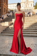 Aqua Strapless Mermaid Satin Pleated Long Formal Prom Dresses With Slit – Prom Dress by KissProm | Available at KissProm