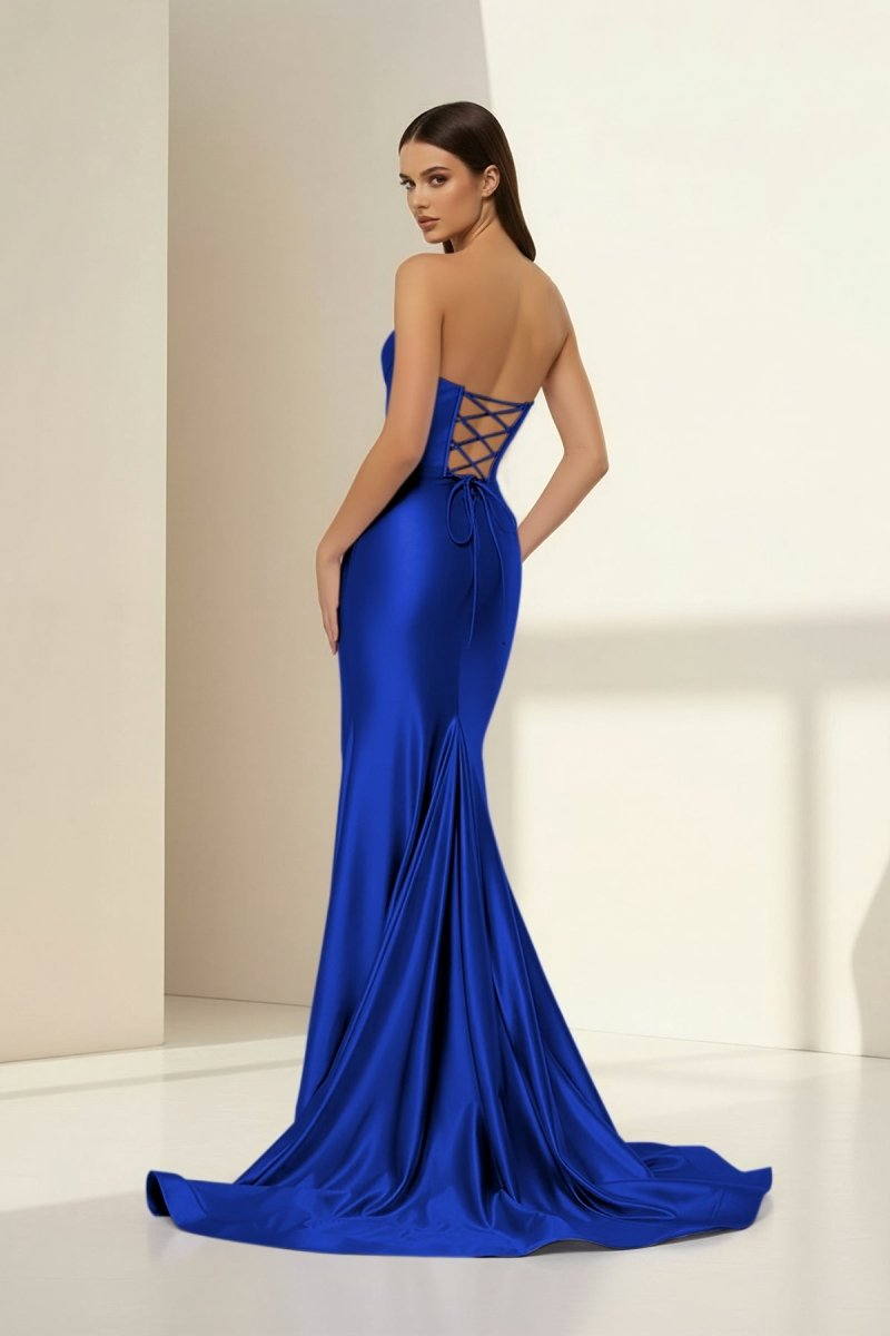 Alirae | Lavender - Strapless Mermaid Satin Pleated Long Formal Prom Dresses With Slit - KissProm