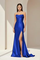 Alirae | Lavender - Strapless Mermaid Satin Pleated Long Formal Prom Dresses With Slit - KissProm