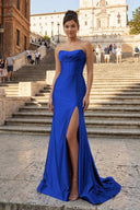 Aqua Strapless Mermaid Satin Pleated Long Formal Prom Dresses With Slit – Prom Dress by KissProm | Available at KissProm