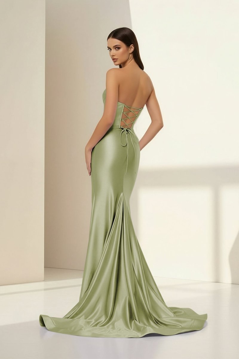 Alirae | Lavender - Strapless Mermaid Satin Pleated Long Formal Prom Dresses With Slit - KissProm