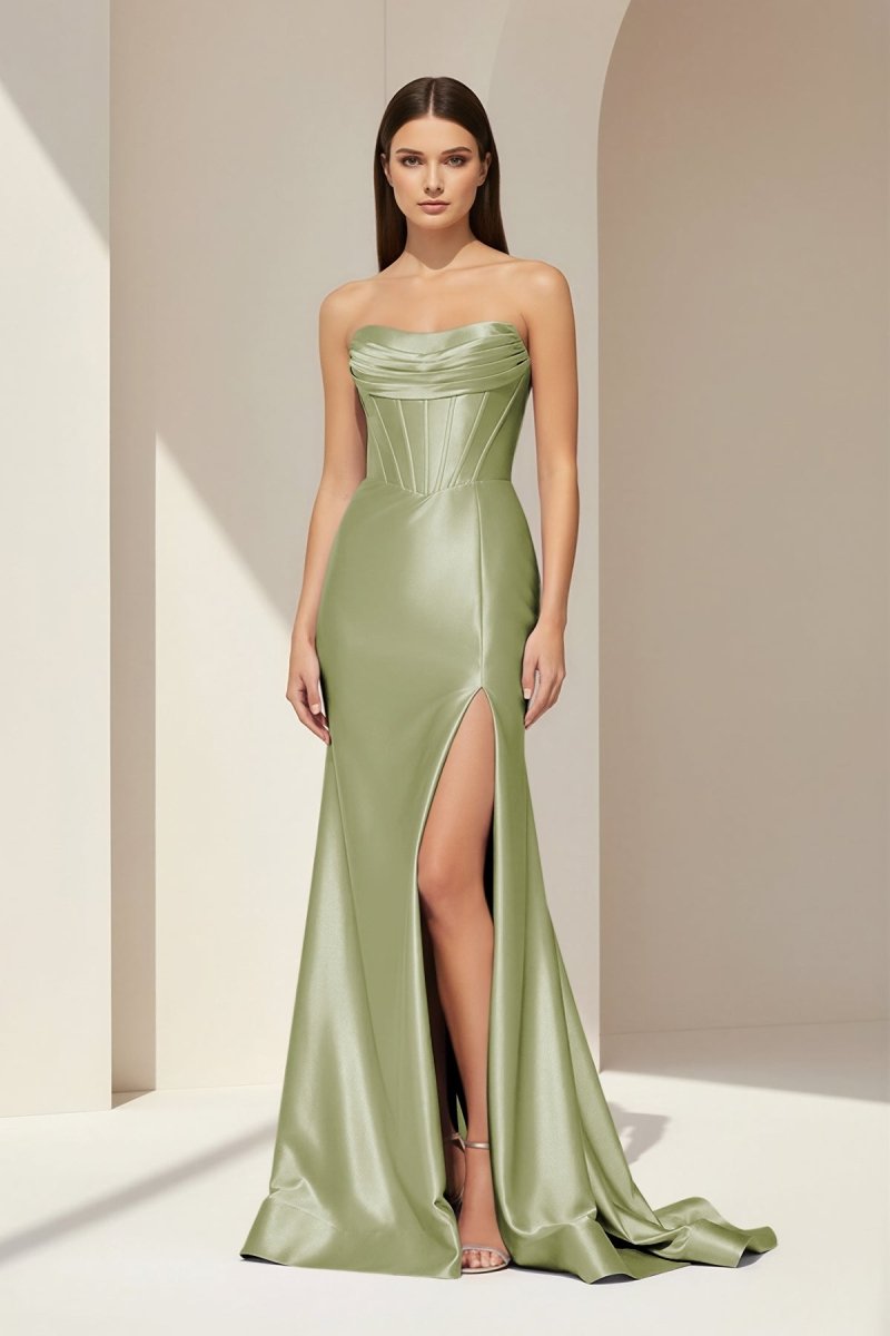 Alirae | Lavender - Strapless Mermaid Satin Pleated Long Formal Prom Dresses With Slit - KissProm