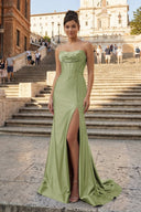 Aqua Strapless Mermaid Satin Pleated Long Formal Prom Dresses With Slit – Prom Dress by KissProm | Available at KissProm