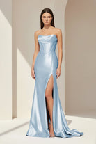 Alirae | Lavender - Strapless Mermaid Satin Pleated Long Formal Prom Dresses With Slit - KissProm