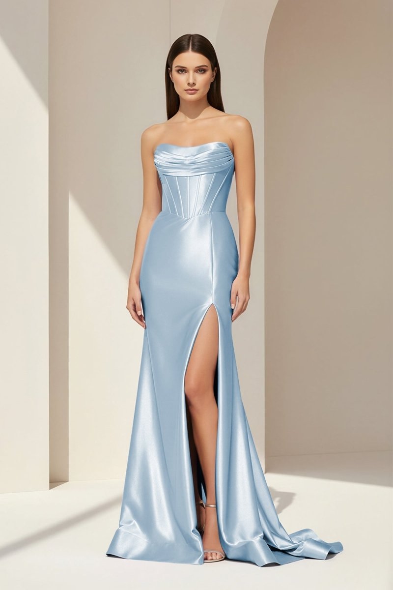 Alirae | Lavender - Strapless Mermaid Satin Pleated Long Formal Prom Dresses With Slit - KissProm