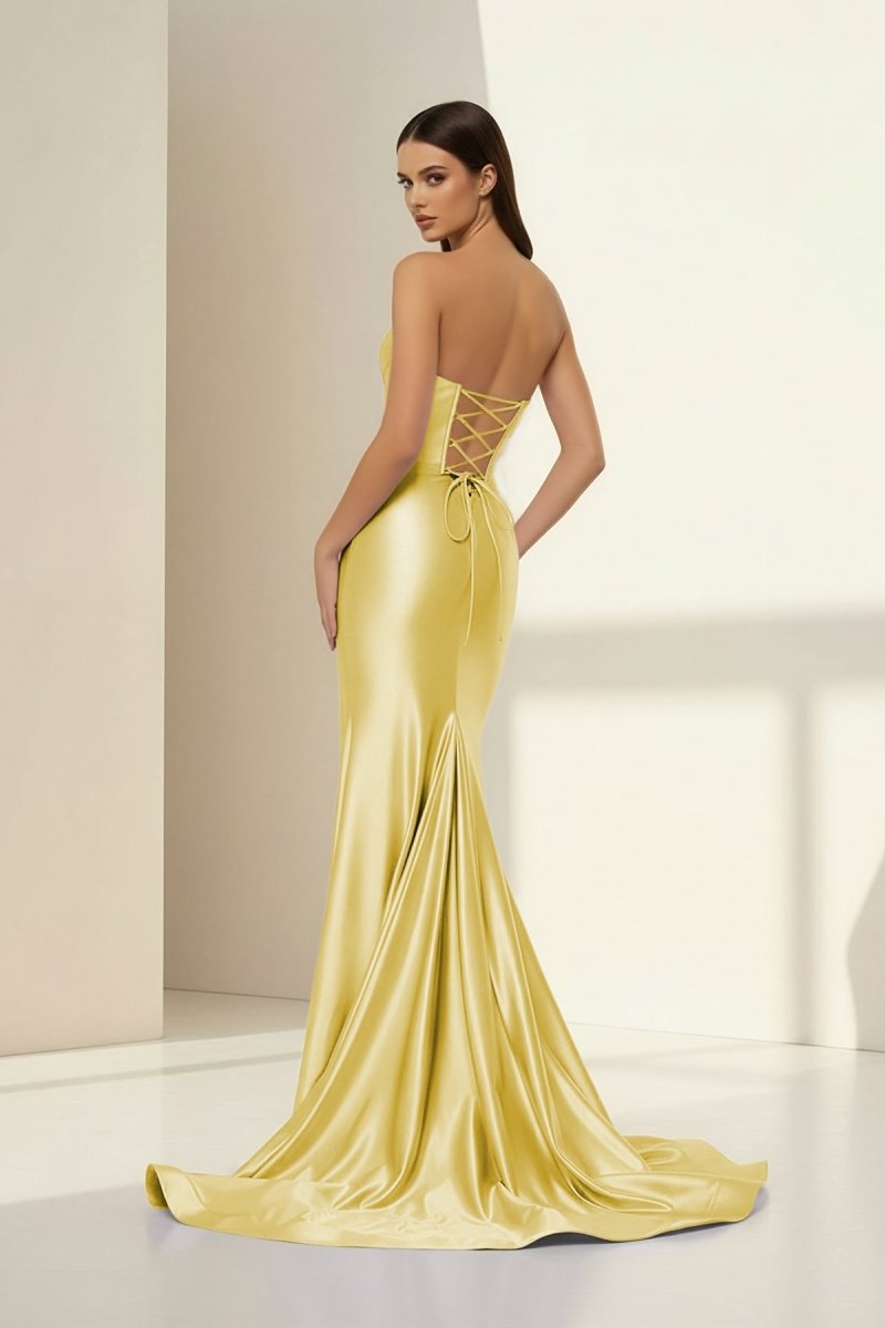 Alirae | Lavender - Strapless Mermaid Satin Pleated Long Formal Prom Dresses With Slit - KissProm