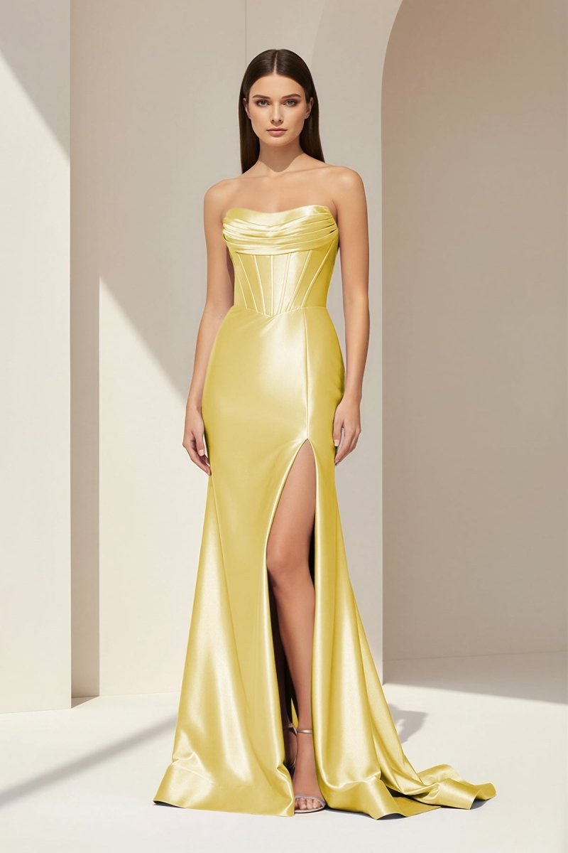 Alirae | Lavender - Strapless Mermaid Satin Pleated Long Formal Prom Dresses With Slit - KissProm