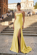 Aqua Strapless Mermaid Satin Pleated Long Formal Prom Dresses With Slit – Prom Dress by KissProm | Available at KissProm