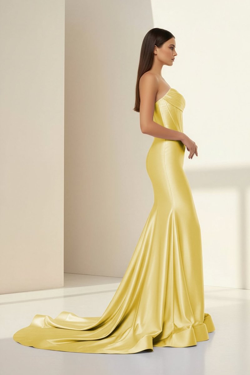 Alirae | Lavender - Strapless Mermaid Satin Pleated Long Formal Prom Dresses With Slit - KissProm