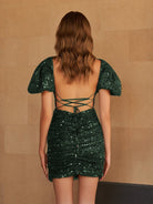 Alithia | Dark Green - Sheath V Neck Sequined Homecoming Dresses with Puffed Sleeves