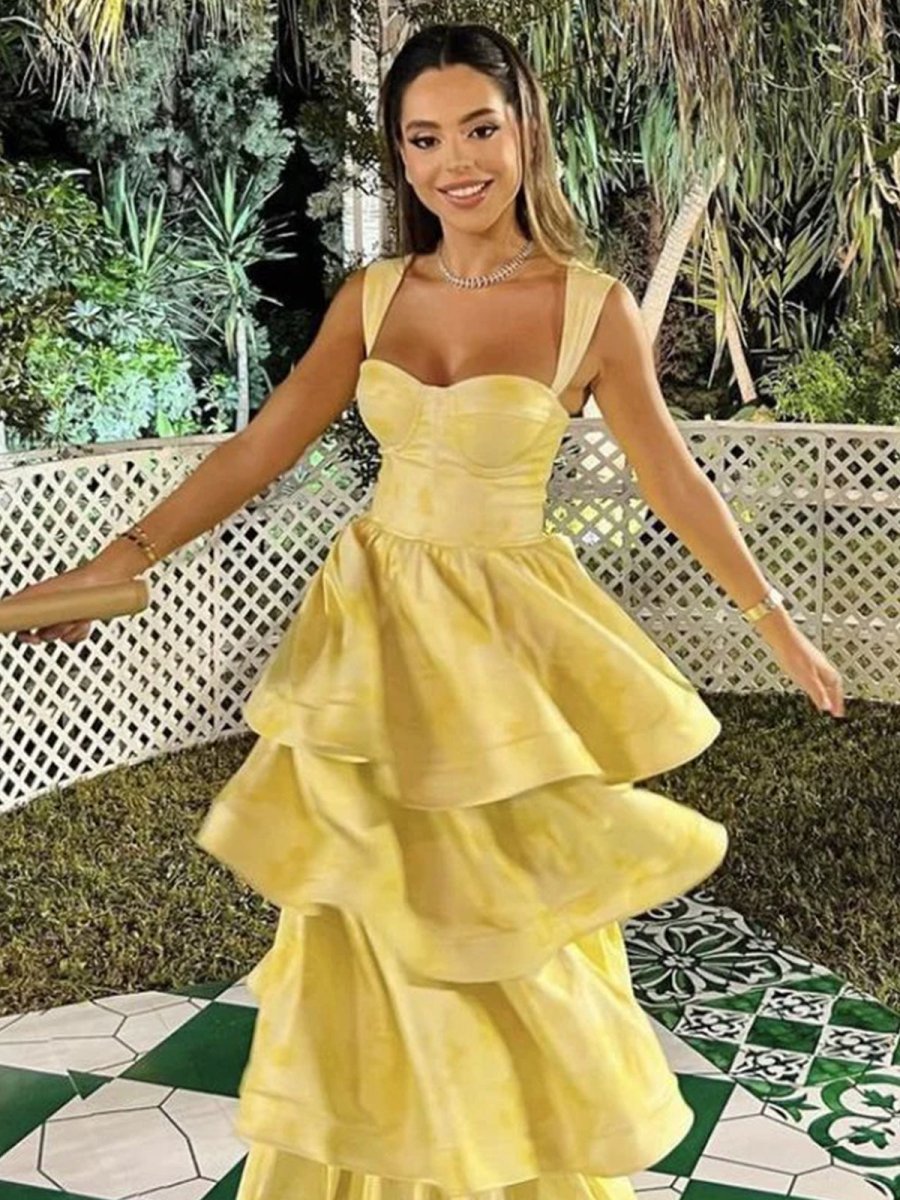 Pastel Yellow Ruffle Tiered A-Line Long Party Prom Dress Yellow / 6