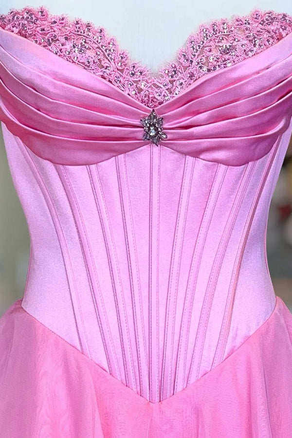 KissProm-Allinia Pink Sweetheart A Line Chiffon Ruffled Long Formal Prom Dresses With Beading