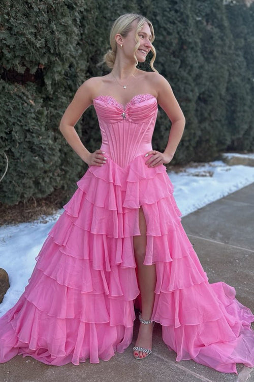 KissProm-Allinia Pink Sweetheart A Line Chiffon Ruffled Long Formal Prom Dresses With Beading