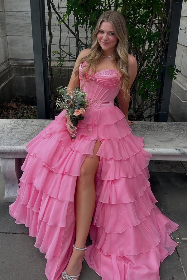KissProm-Allinia Pink Sweetheart A Line Chiffon Ruffled Long Formal Prom Dresses With Beading