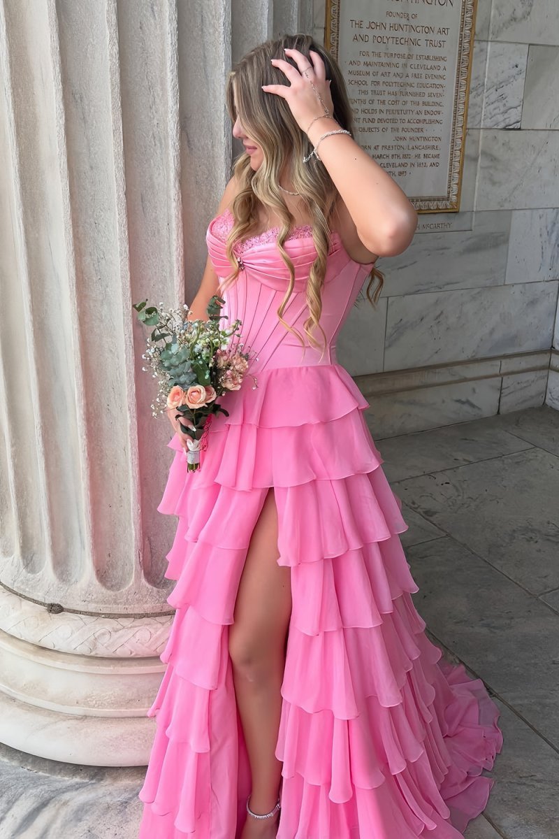 KissProm Pink Sweetheart A Line Chiffon Ruffled Long Formal Prom Dresses With Beading, Pink / 16