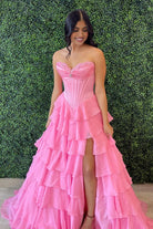 KissProm-Allinia Pink Sweetheart A Line Chiffon Ruffled Long Formal Prom Dresses With Beading