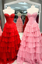 KissProm-Allinia Pink Sweetheart A Line Chiffon Ruffled Long Formal Prom Dresses With Beading