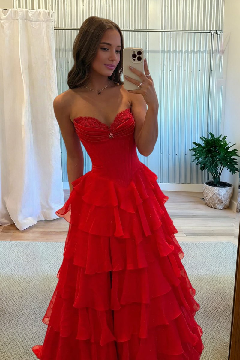 KissProm-Allinia Red Sweetheart A Line Chiffon Ruffled Long Formal Prom Dresses With Beading