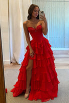 KissProm-Allinia Red Sweetheart A Line Chiffon Ruffled Long Formal Prom Dresses With Beading