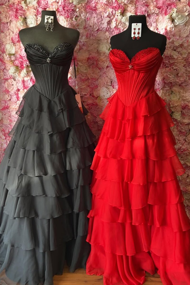 KissProm-Allinia Red Sweetheart A Line Chiffon Ruffled Long Formal Prom Dresses With Beading