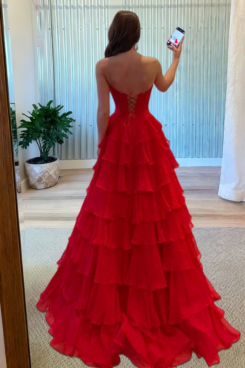 KissProm-Allinia Red Sweetheart A Line Chiffon Ruffled Long Formal Prom Dresses With Beading