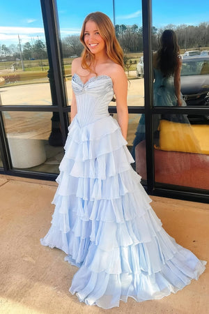 KissProm-Allinia Sky Blue Sweetheart A Line Chiffon Ruffled Long Formal Prom Dresses With Beading