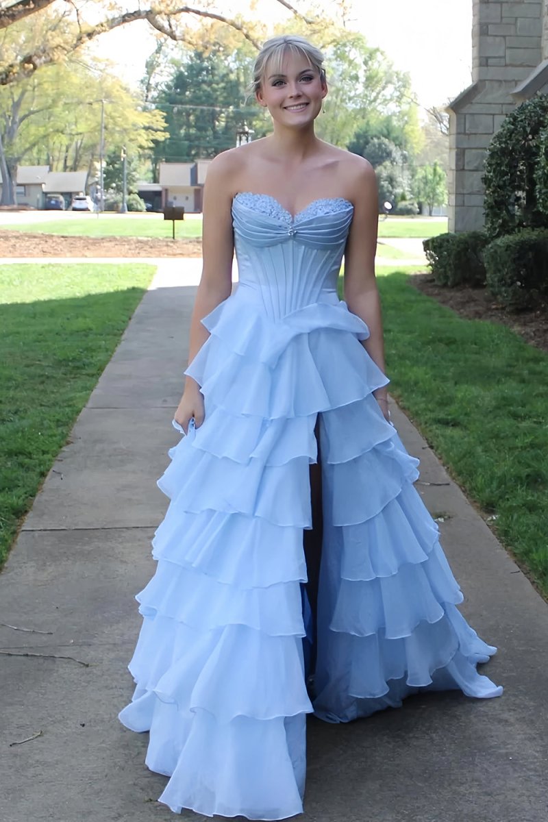 KissProm-Allinia Sky Blue Sweetheart A Line Chiffon Ruffled Long Formal Prom Dresses With Beading