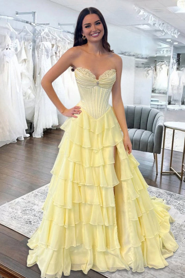 Allinia | Pink - Sweetheart A Line Chiffon Ruffled Long Formal Prom Dresses With Beading - KissProm
