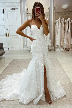 chinese dress ladies High Slit Spaghetti Straps Sweetheart Neck A Line Wedding Dress Tulle Bridal Gown with Detachable Straps AWD2027 main image 1