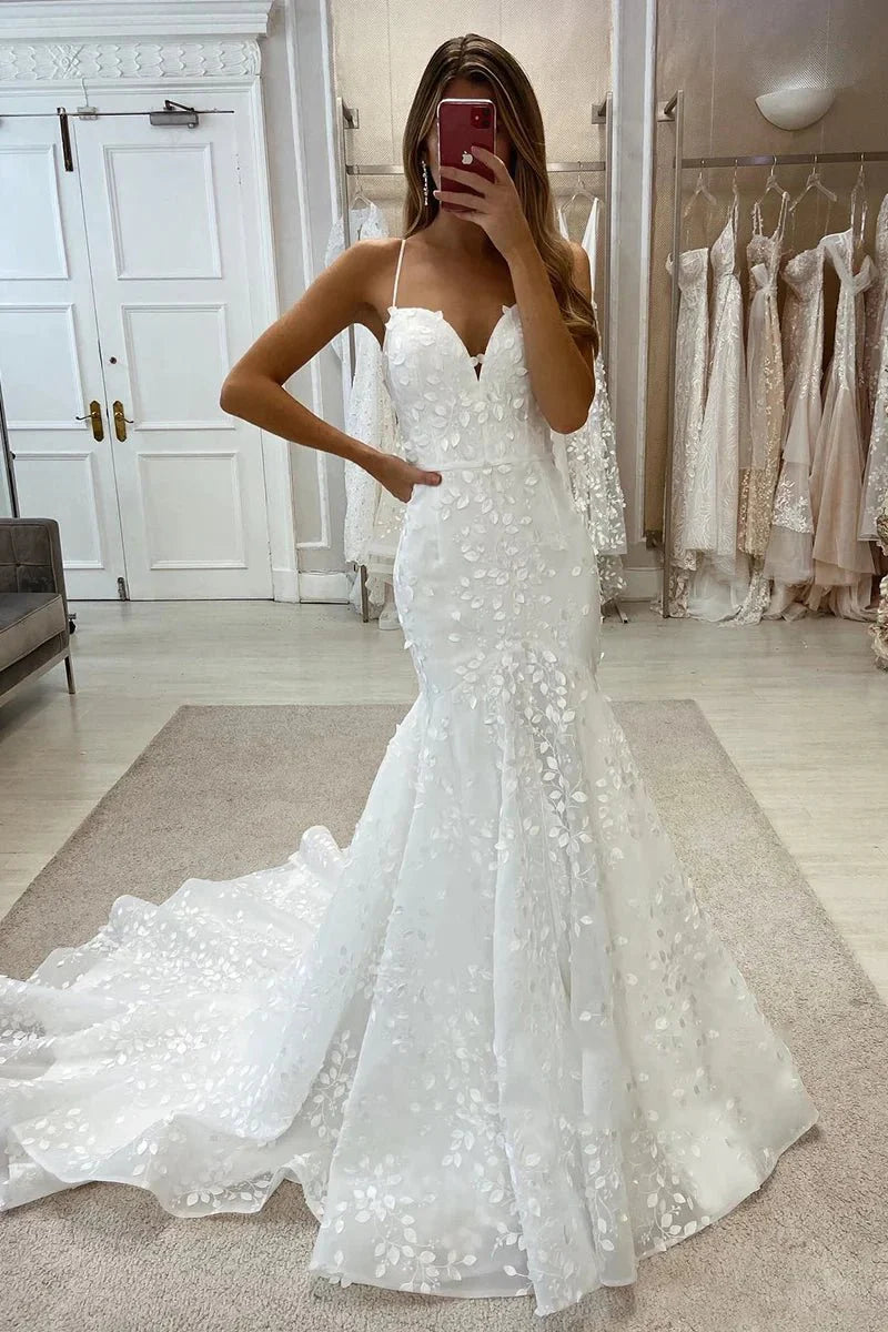 Allover Lace Wedding Dress Spaghetti Straps Mermaid Bridal Gown, Diamond White / Custom Size Allover Lace Wedding Dress Spaghetti Straps Mermaid Bridal Gown, Diamond White / Custom Size