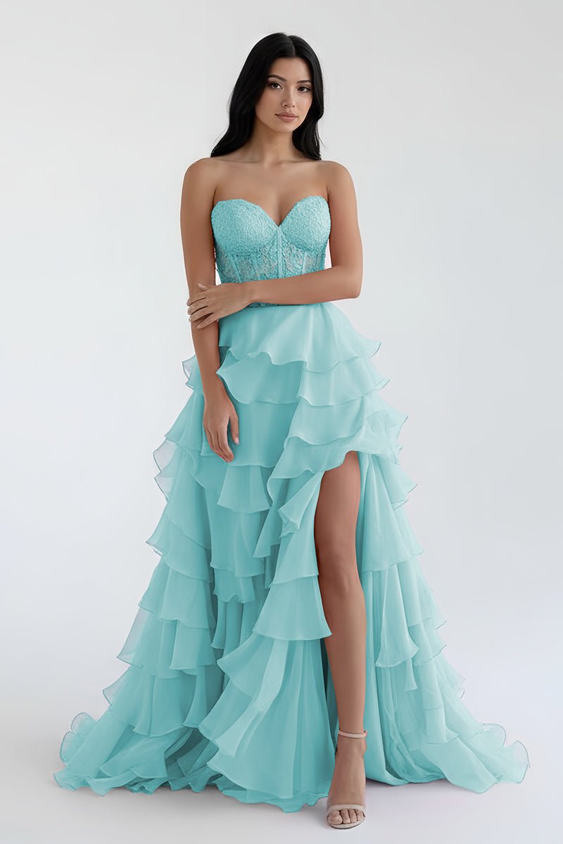 Alondra | Royal Blue Chiffon Sweetheart Ruffle Tiered Long Prom Dress - KissProm