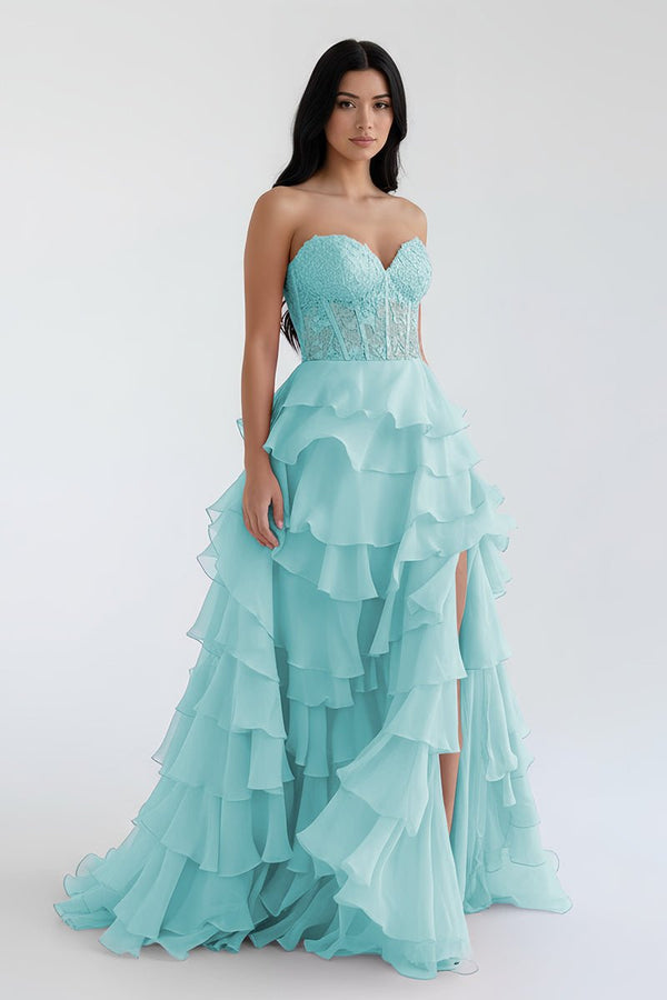 open lace back dress Royal Blue Chiffon Sweetheart Ruffle Tiered Long Prom Dress main image 1