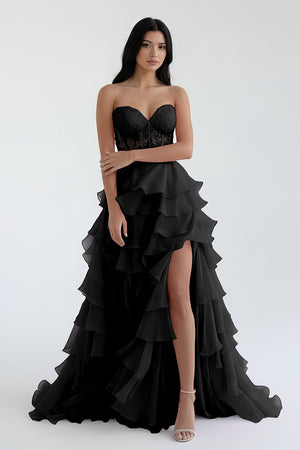 Royal Blue Chiffon Sweetheart Ruffle Tiered Long Prom Dress – Prom Dress by Kissprom | Available at KissProm