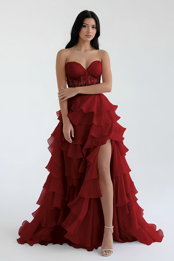 Royal Blue Chiffon Sweetheart Ruffle Tiered Long Prom Dress, Burgundy / 4 Royal Blue Chiffon Sweetheart Ruffle Tiered Long Prom Dress, Burgundy / 4