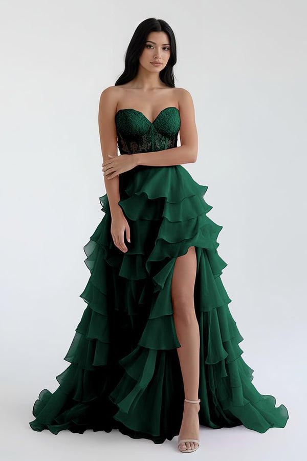 Royal Blue Chiffon Sweetheart Ruffle Tiered Long Prom Dress, Green / Custom Size Royal Blue Chiffon Sweetheart Ruffle Tiered Long Prom Dress, Green / Custom Size