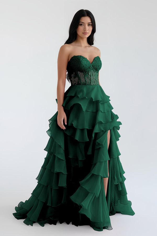 Royal Blue Chiffon Sweetheart Ruffle Tiered Long Prom Dress, Green / Custom Size Royal Blue Chiffon Sweetheart Ruffle Tiered Long Prom Dress, Green / Custom Size